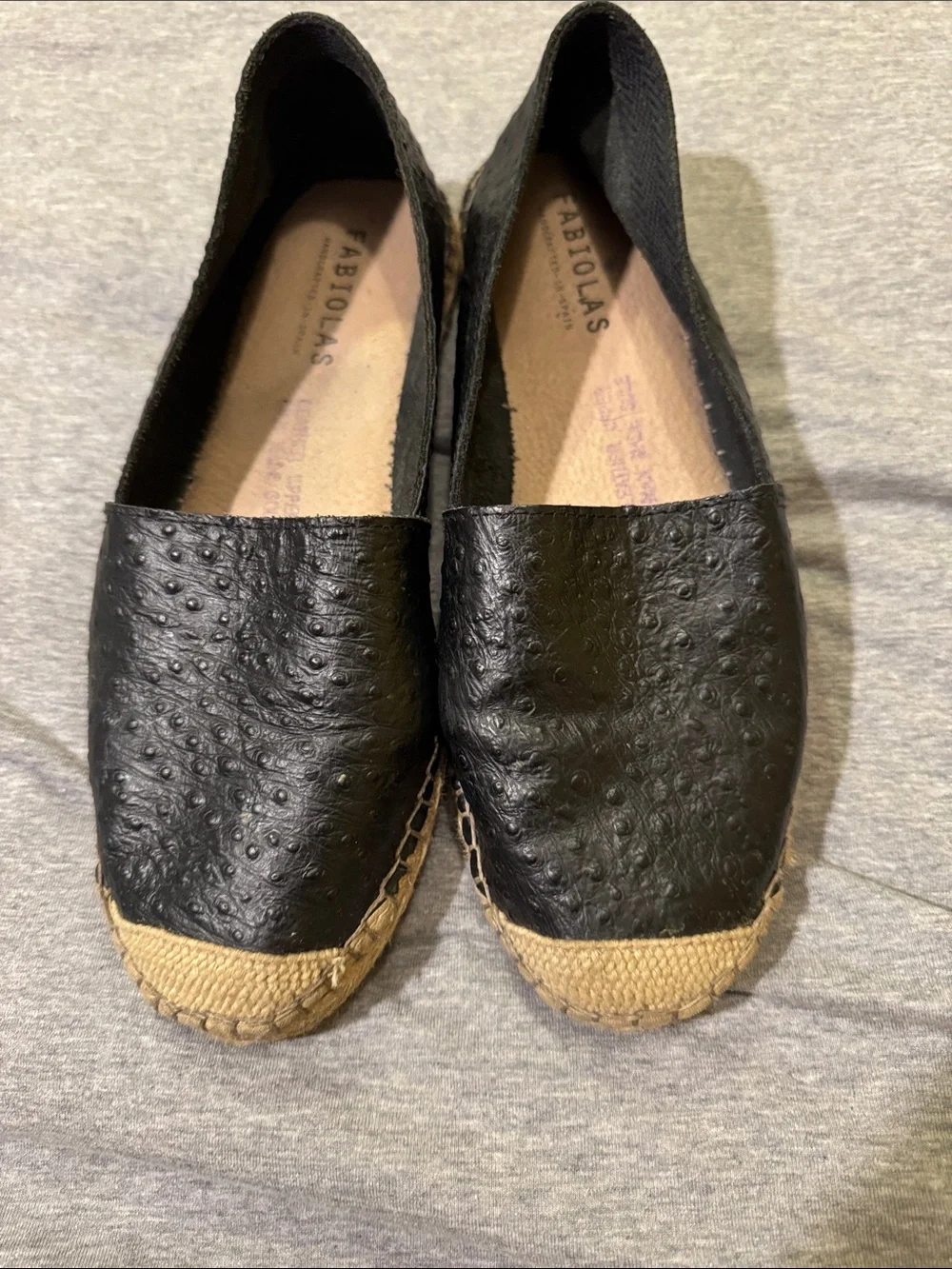 Fabiolas Black Ostrich Textured Pattern Leather Espadrille Flats for Women